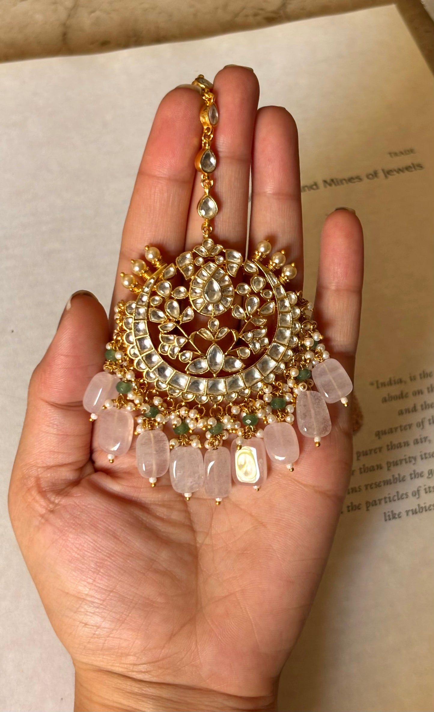 Real paachi with rose quartz drops Maangtika