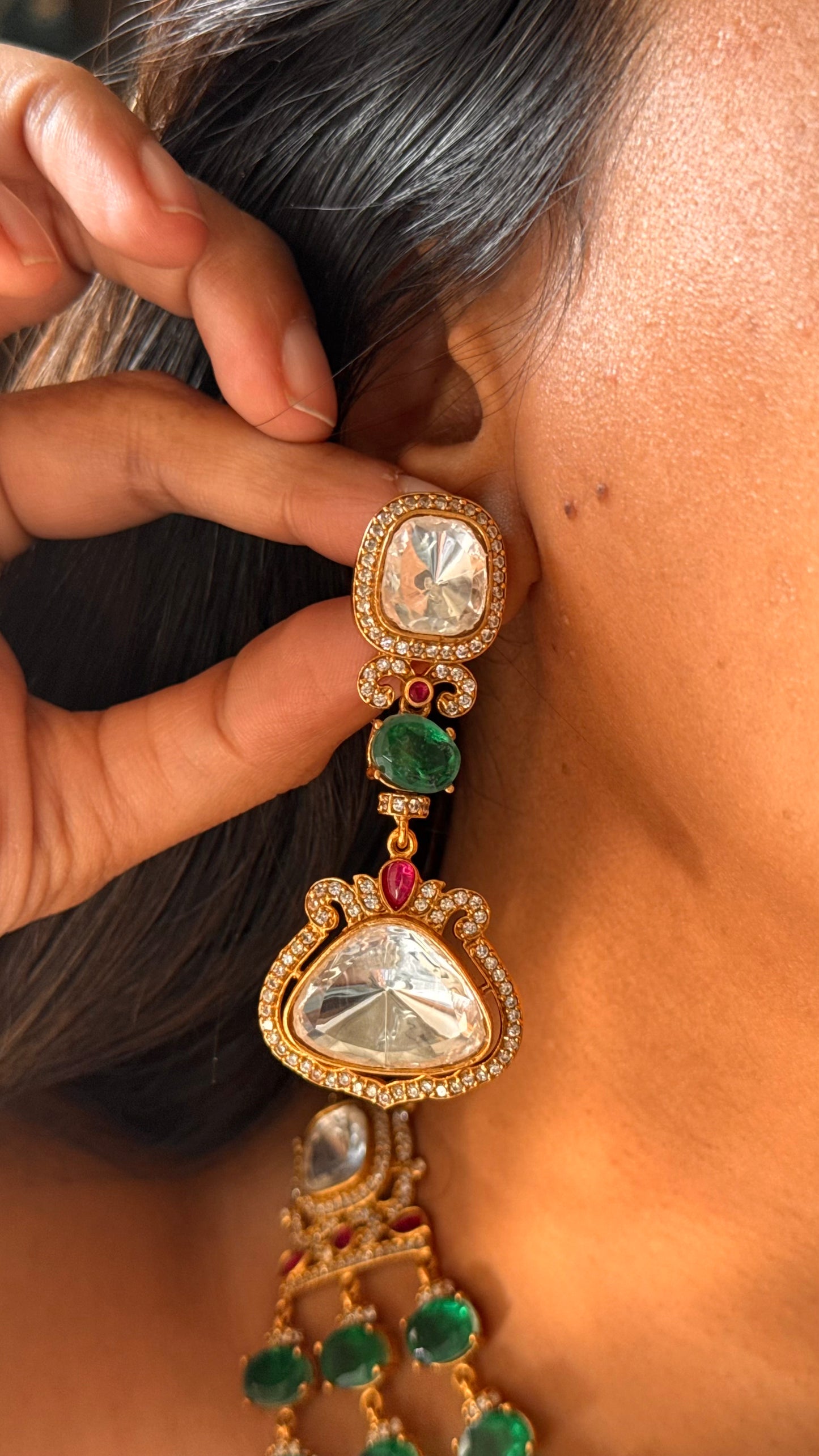 Emerald & Rani triple line uncut polki necklace