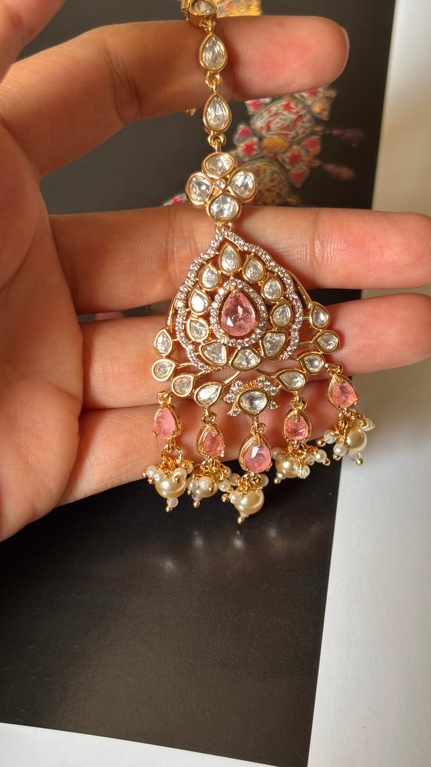 Rose quartz doublets & Moissanite polki Necklace with maangtika