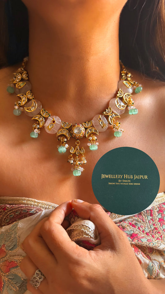 Rose quartz inlay work with mint drop & paachi collar set