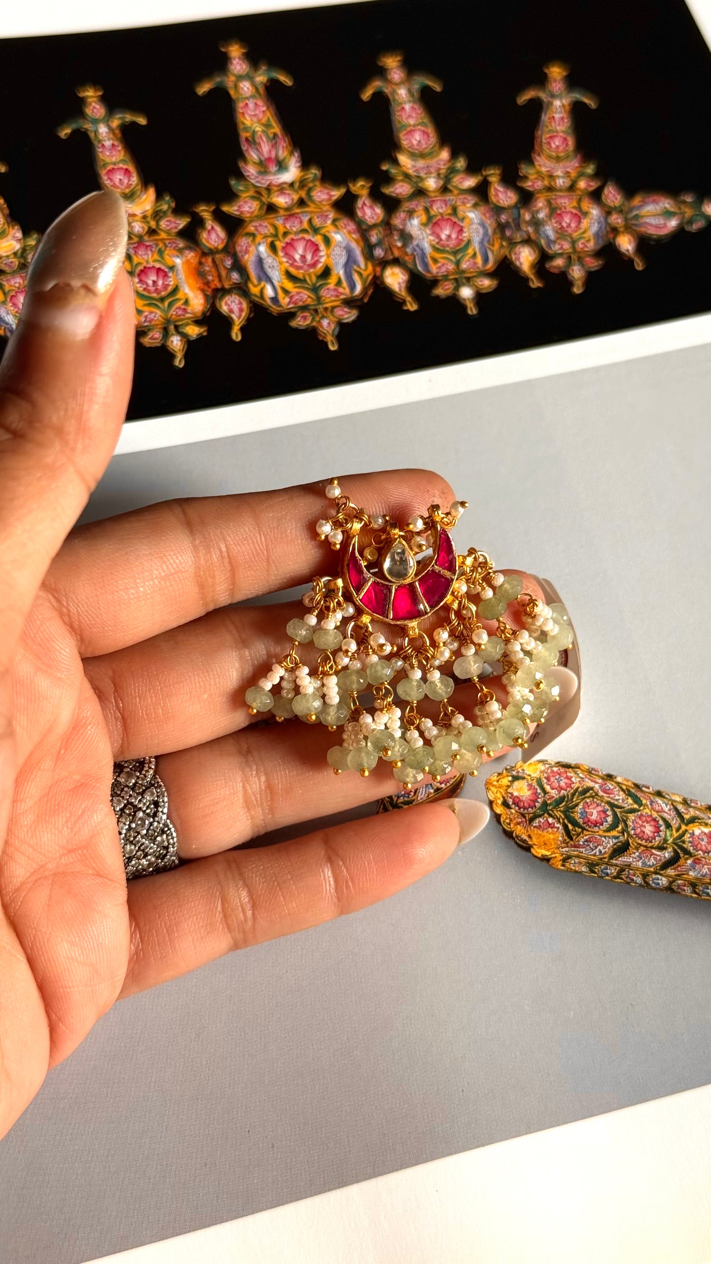 Paachi Rani pink kundan with mint drops adjustable ring