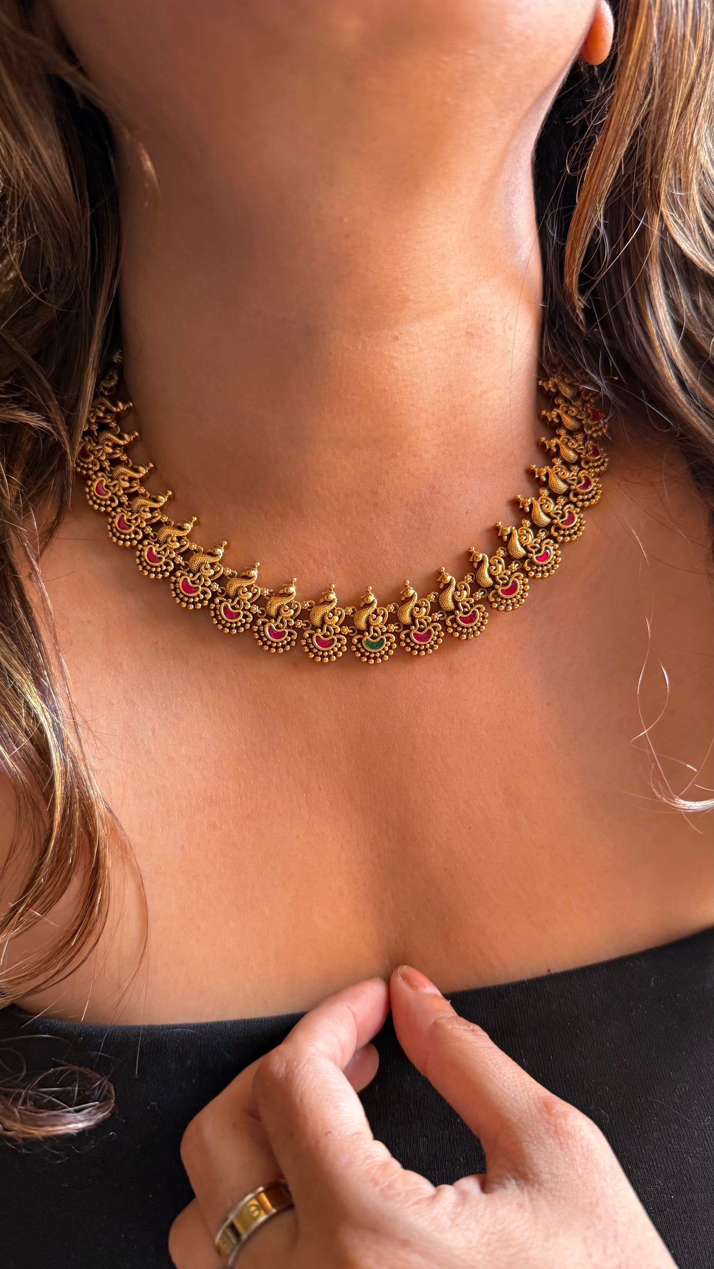 Maharashtrian Emerald & Ruby peacock nakashi Collar necklace