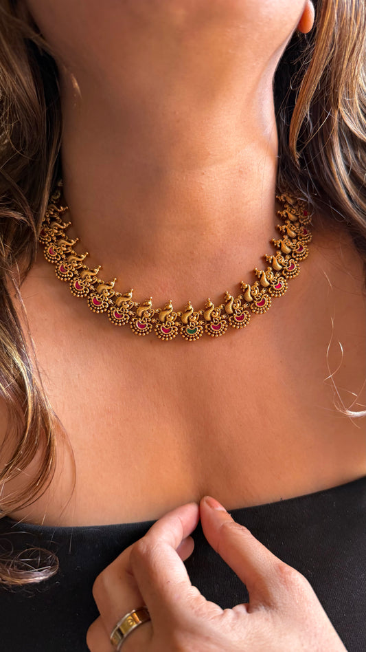Maharashtrian Emerald & Ruby peacock nakashi Collar necklace