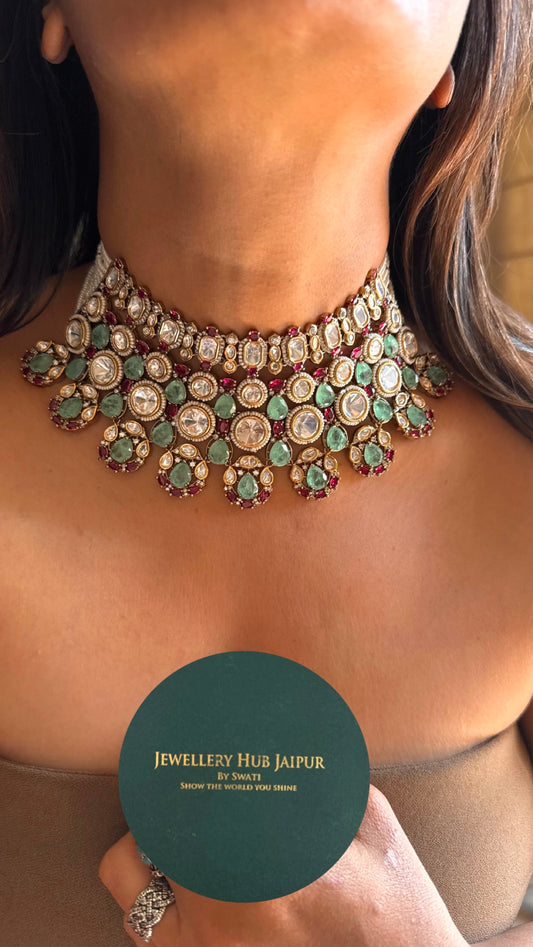 Mint & ruby doublet  real moissanite choker set