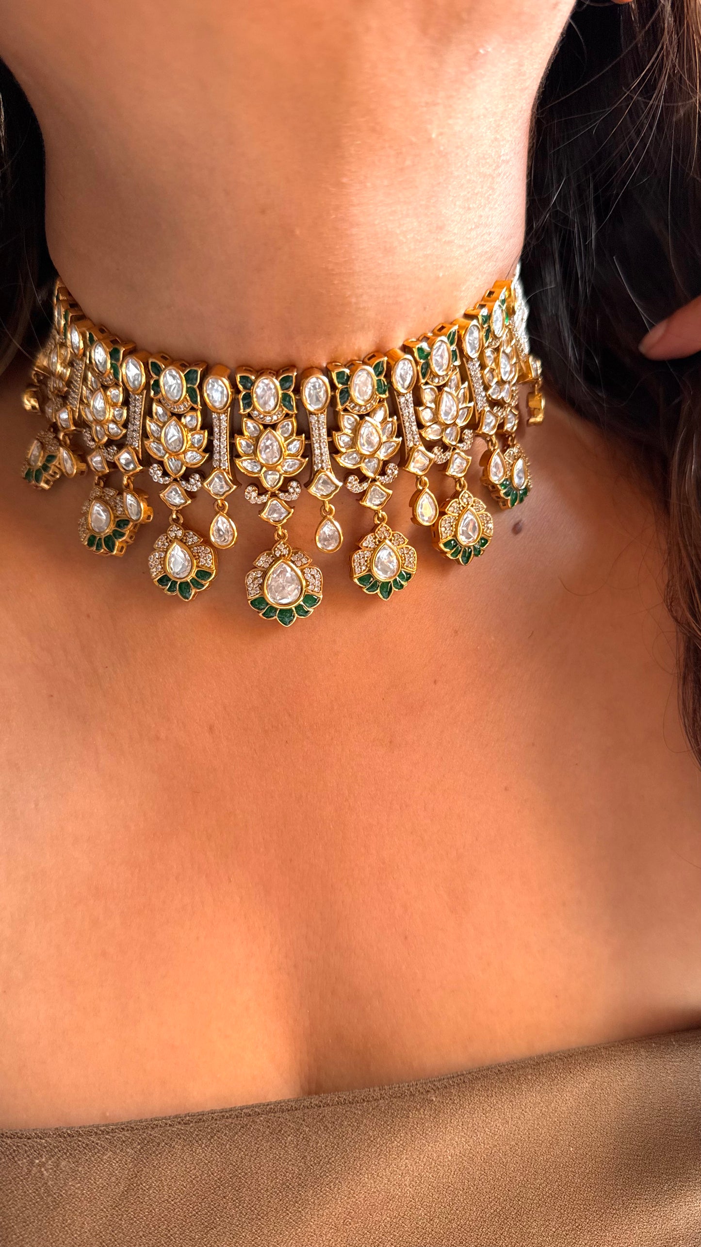 Emerald Takkar work Moissanite Choker Necklace