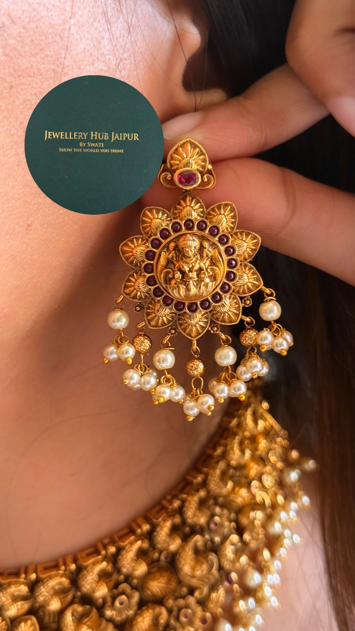 Goddess laxmi & ruby with pearl drops temple choker set