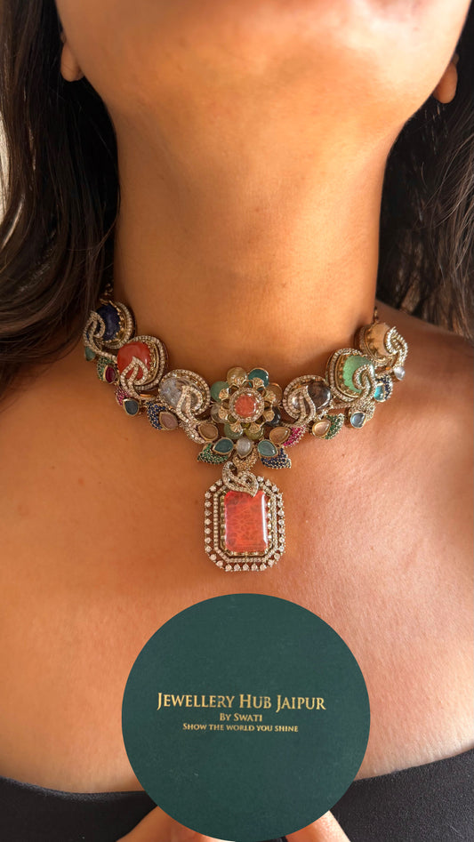 Sabyasachi inspired real stone floral multicoloured necklace