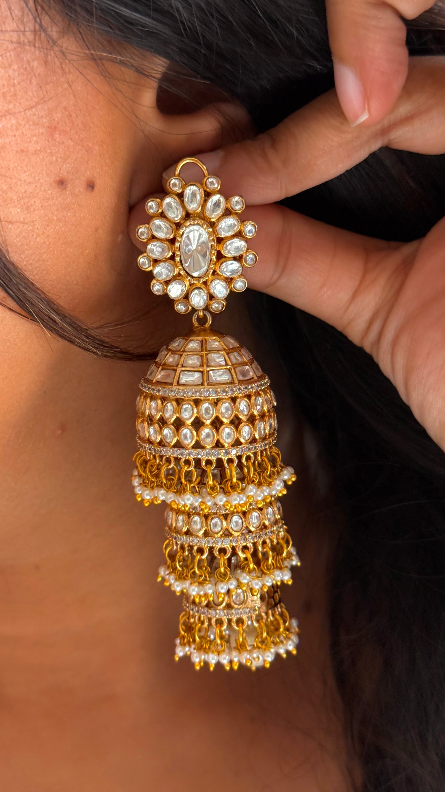 Real  moissanite floral  triple layer jhumki