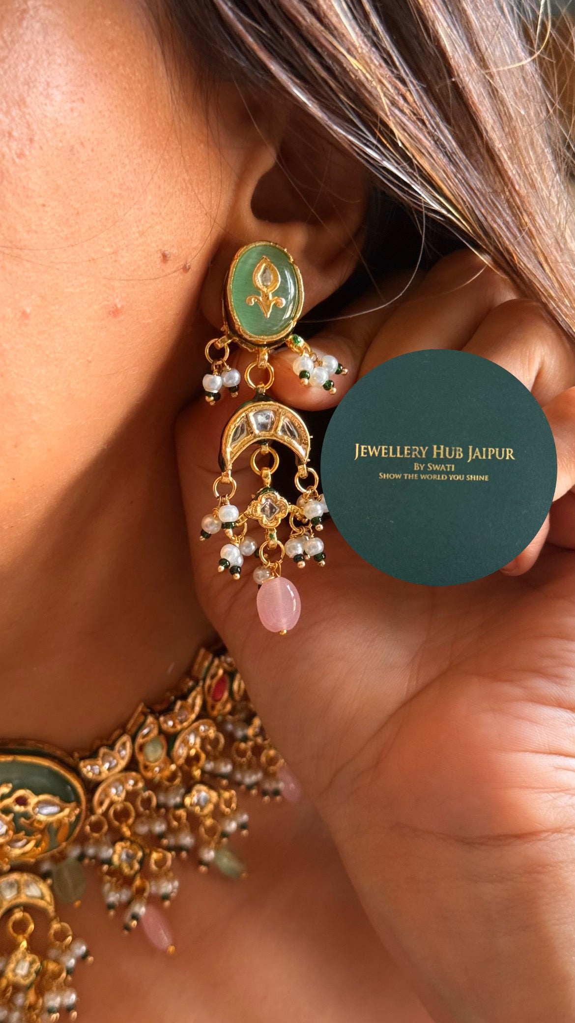 Mint peacock inlay work & emerald meenakari paachi with rose quartz drop choker set