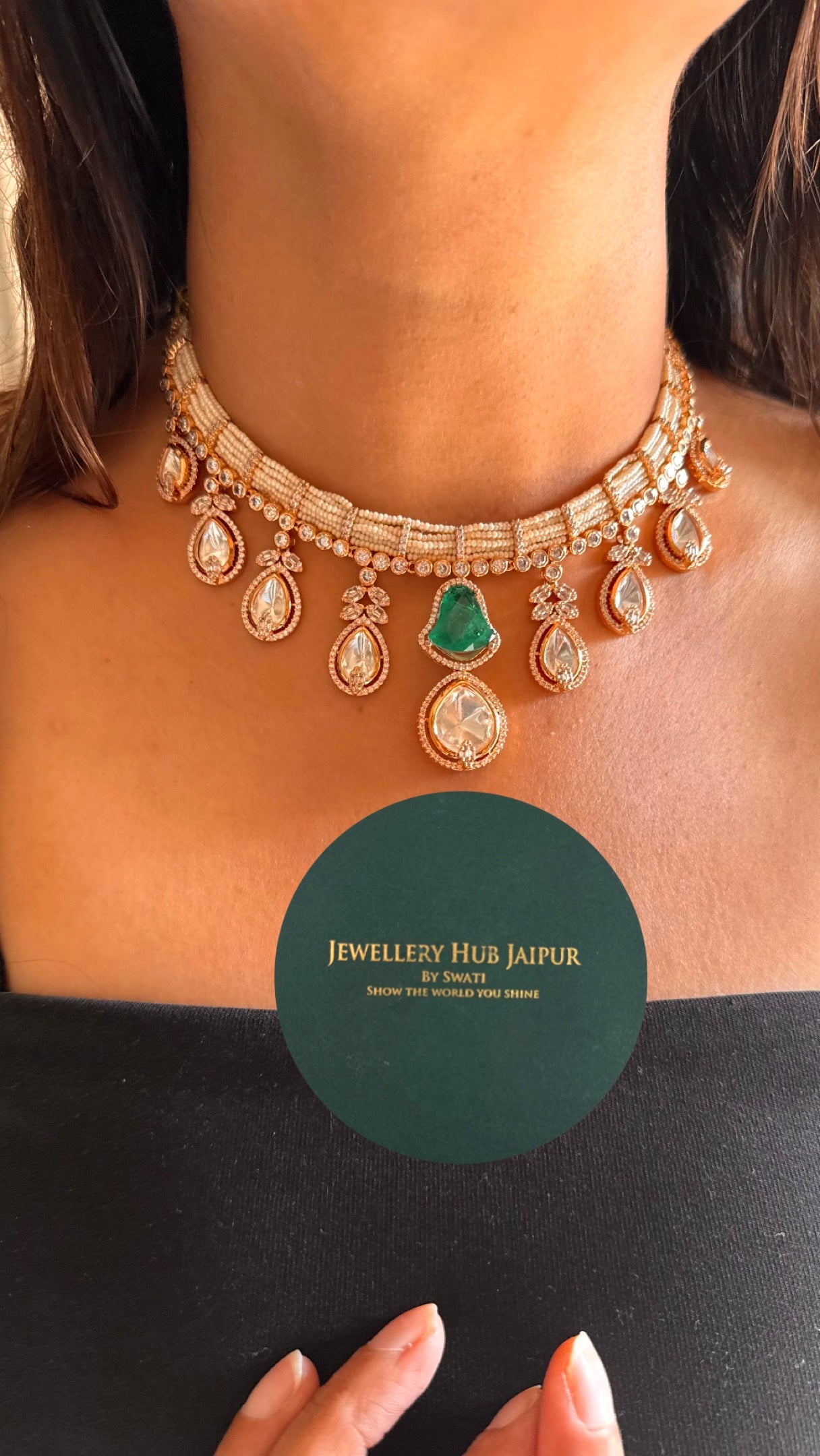 emerald stone with uncut polki necklace