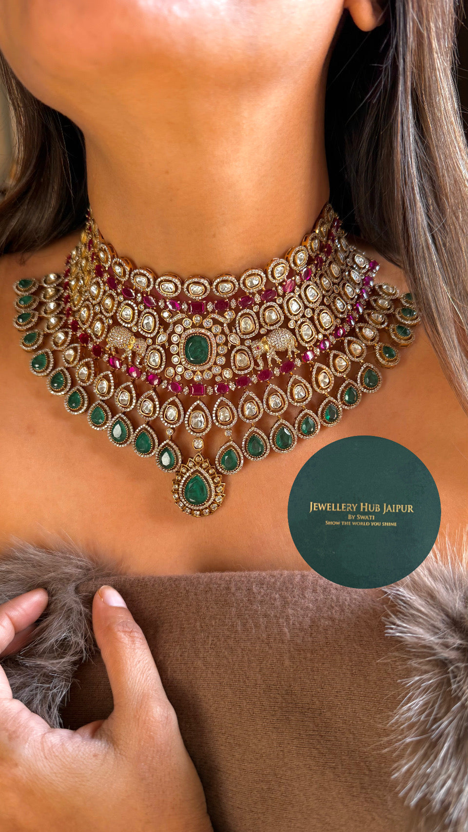 Bridal asia inspred rani pink & emerald choker