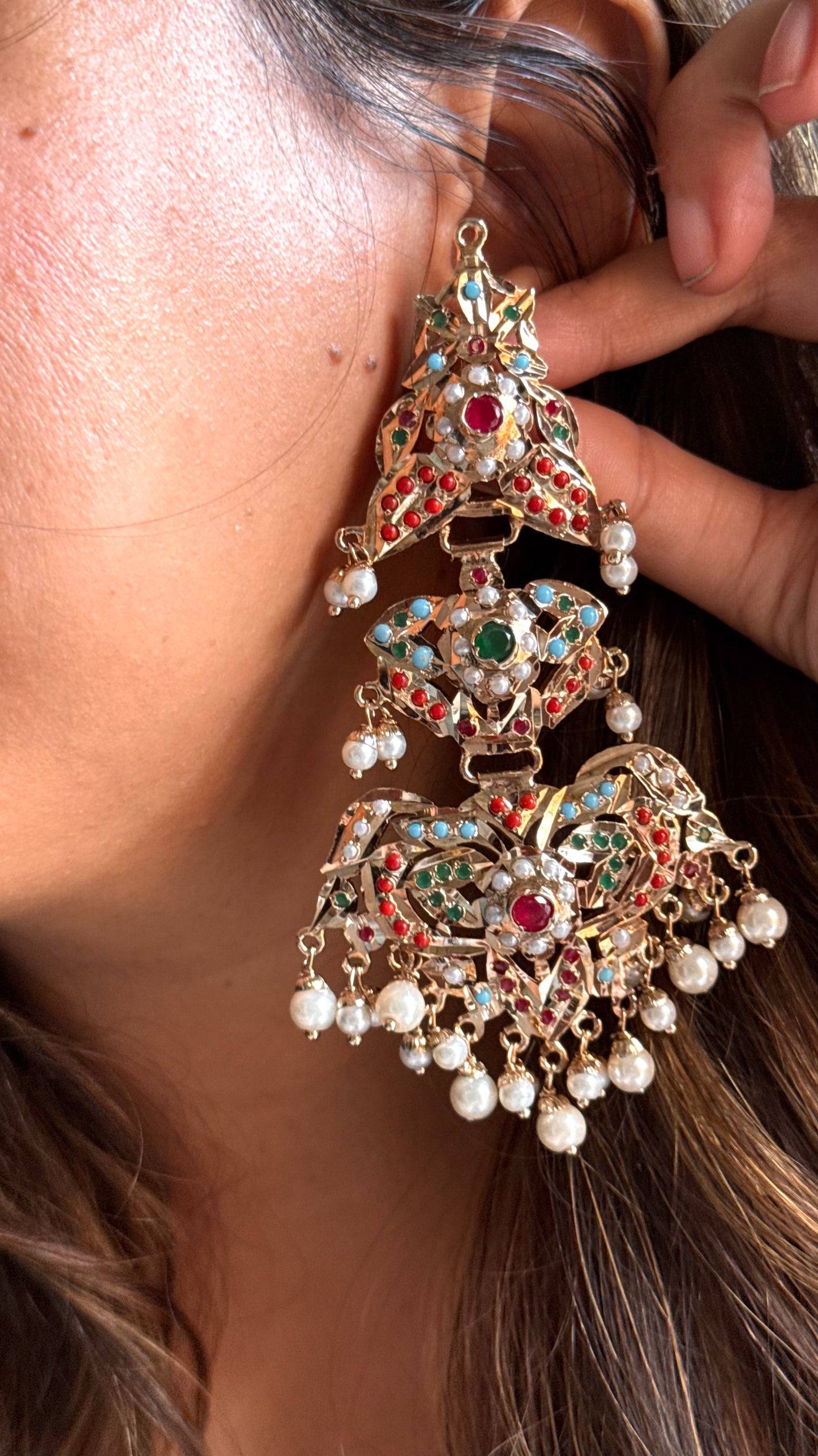 Navratna Jadau triple layer danglers