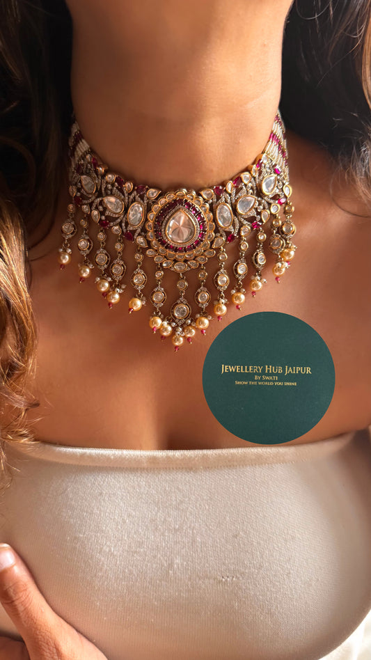 Rani pink uncut polki with pearl drop choker set