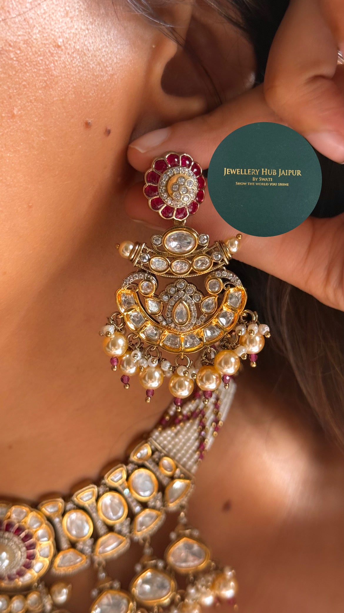 Rani pink moissanite floral with pearl drop choker set