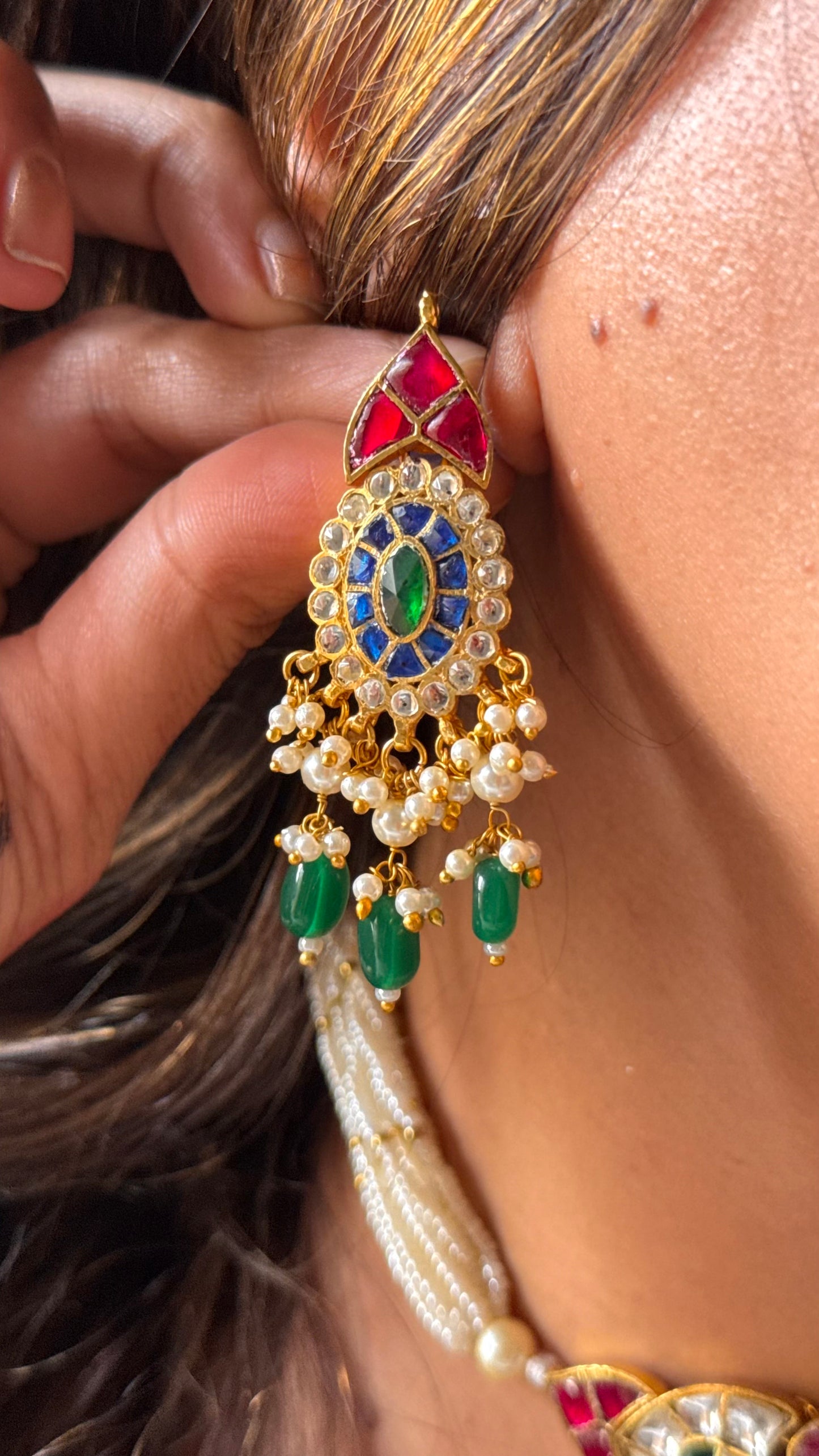 Handmade Paachi Kundan jadau multicoloured thread choker necklace set