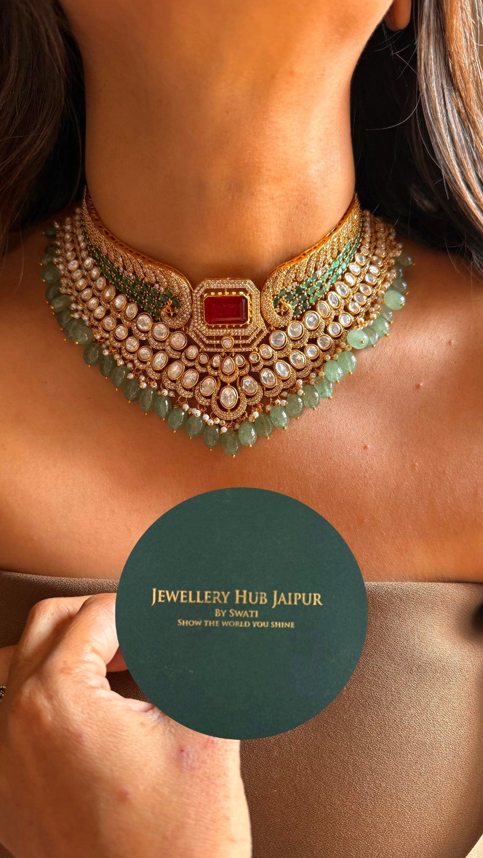 Ruby & mint drops with peacock design choker set
