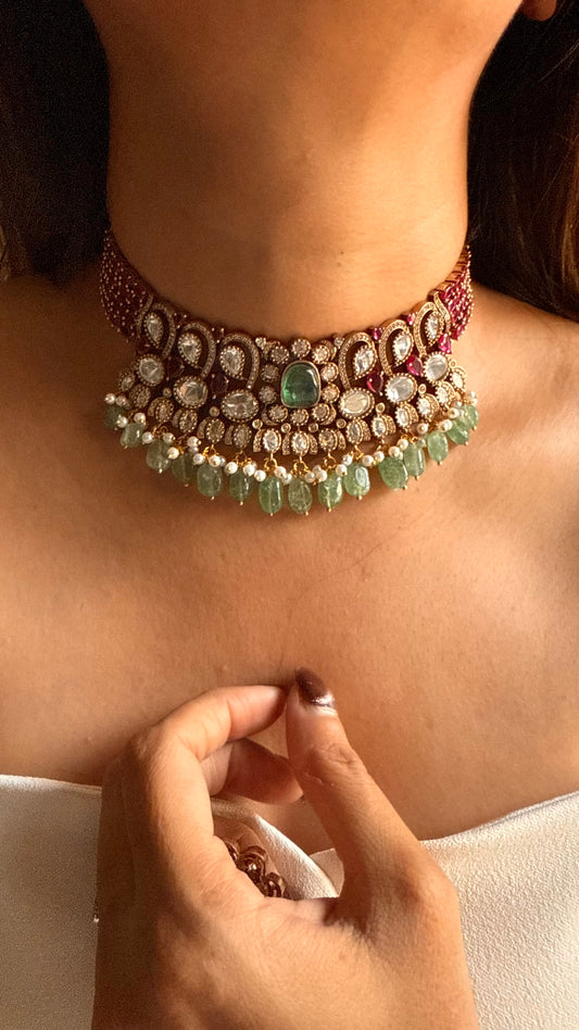 Mint doublet moissanite uncut polki & ruby with mint drops set