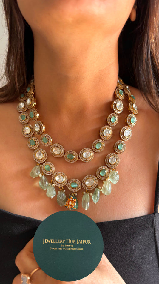 Mint uncut polki dual line necklace