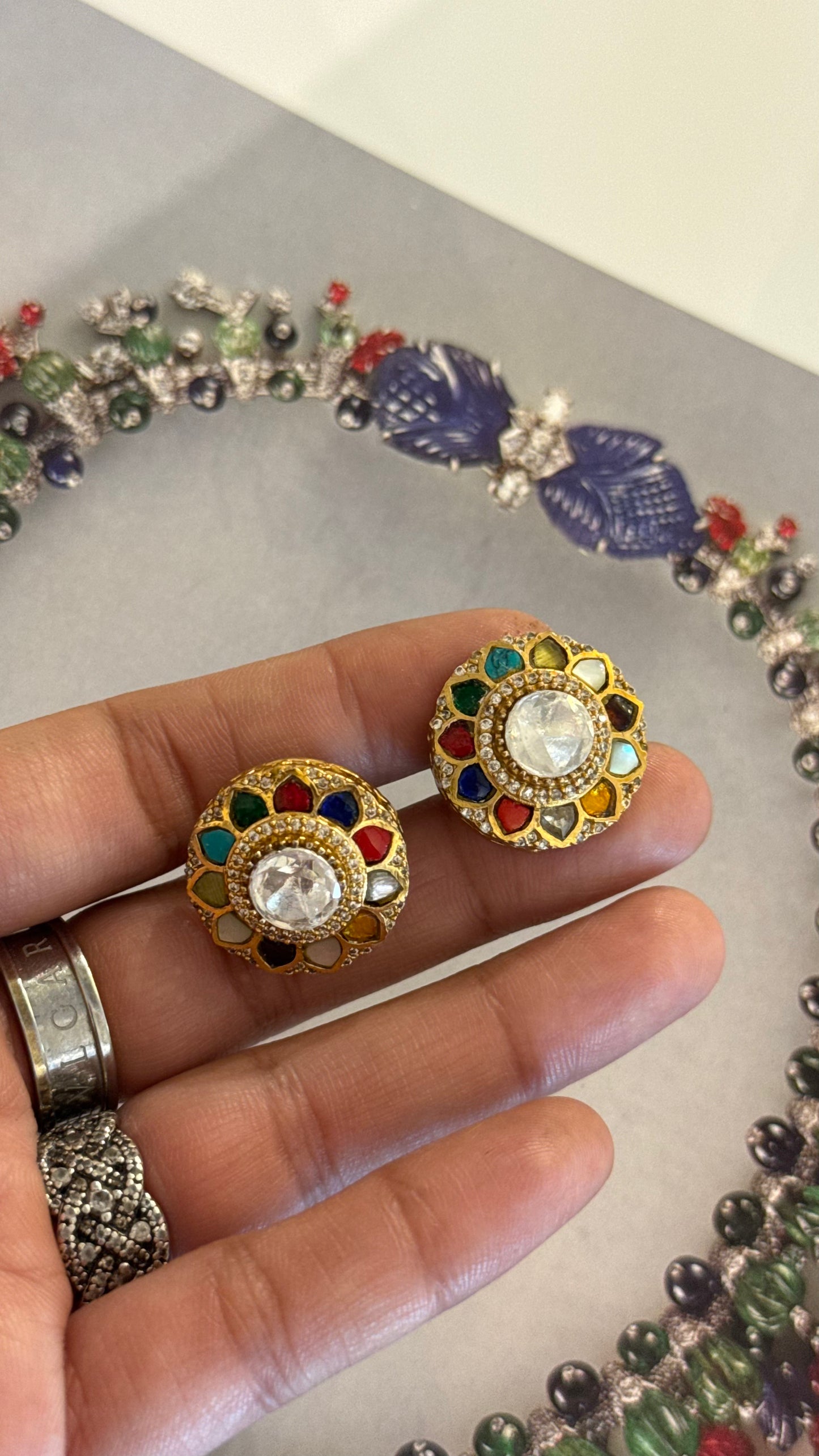 Navratna uncut polki gold studs