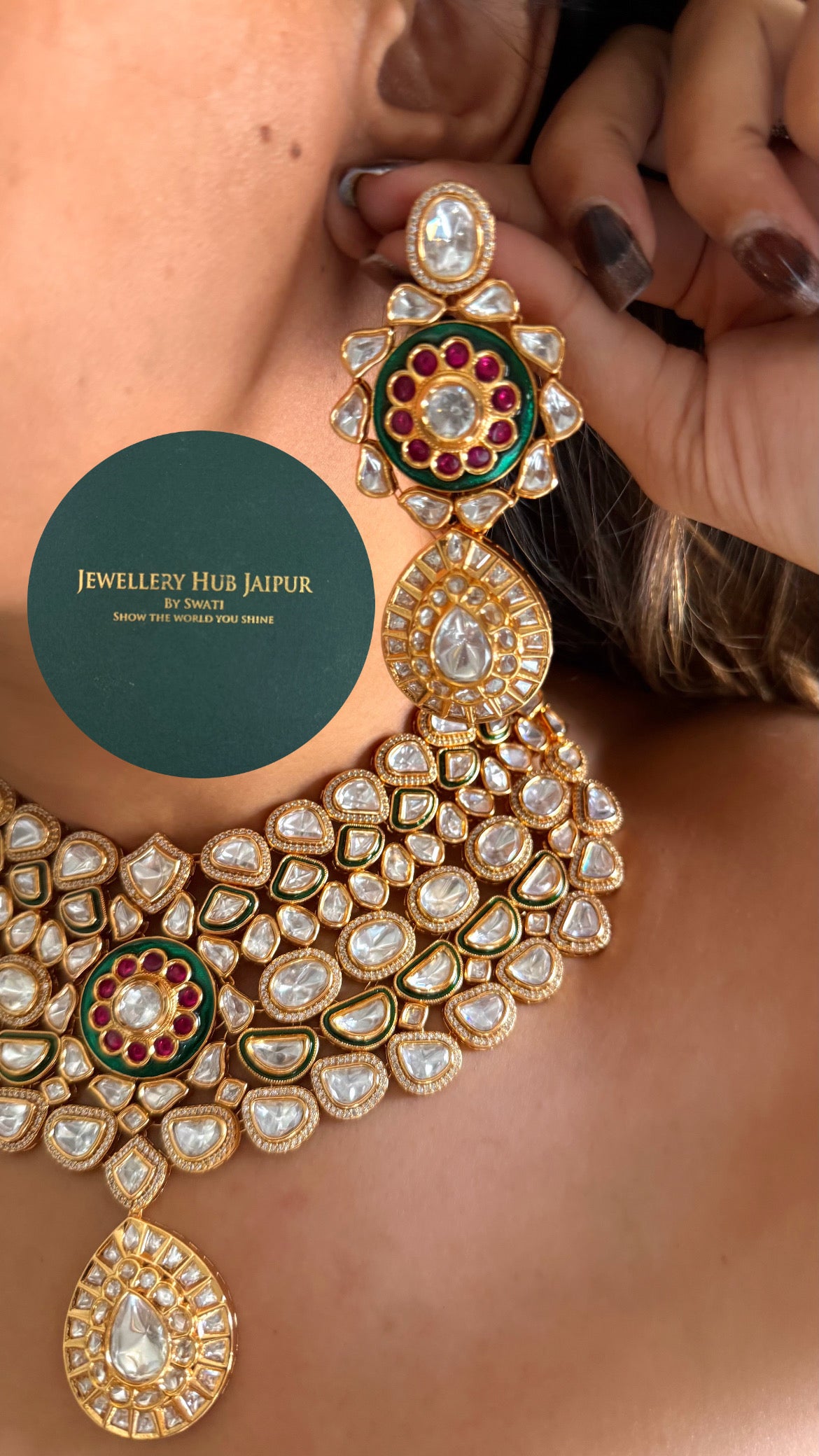 Emerald meenakari & ruby Moissanite uncut polki collar set