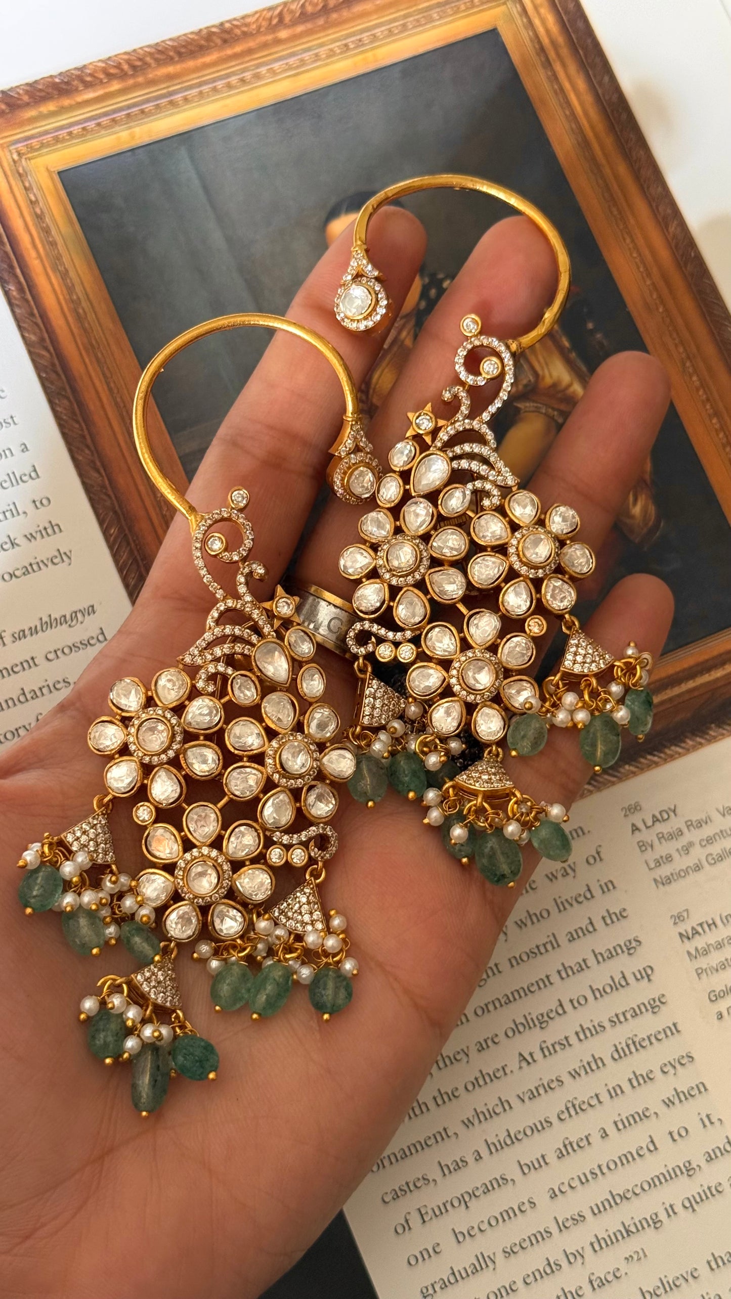 Moissanite polki with pearl mint earrings