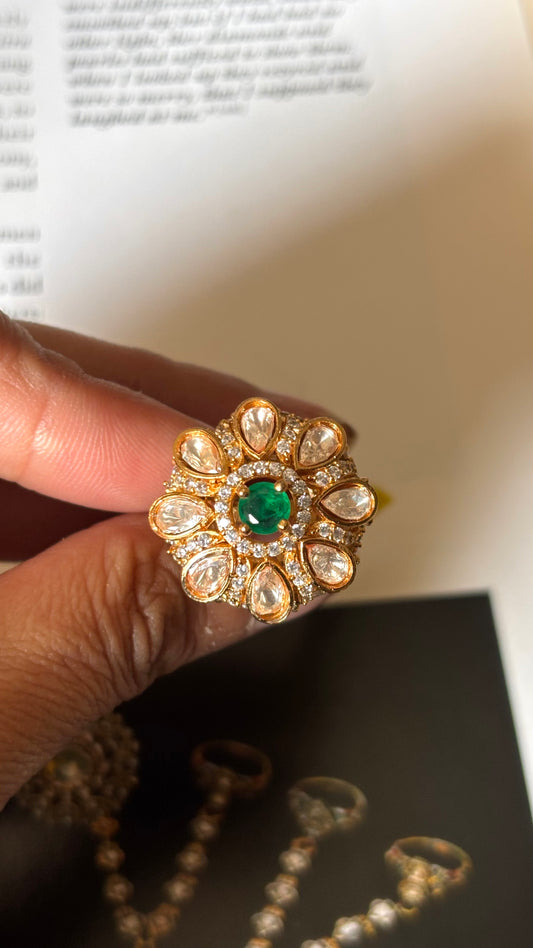 Emerald floral polki Ring