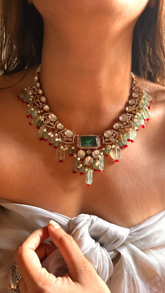 Emerald doublet moissanite polki with mint drop collar set