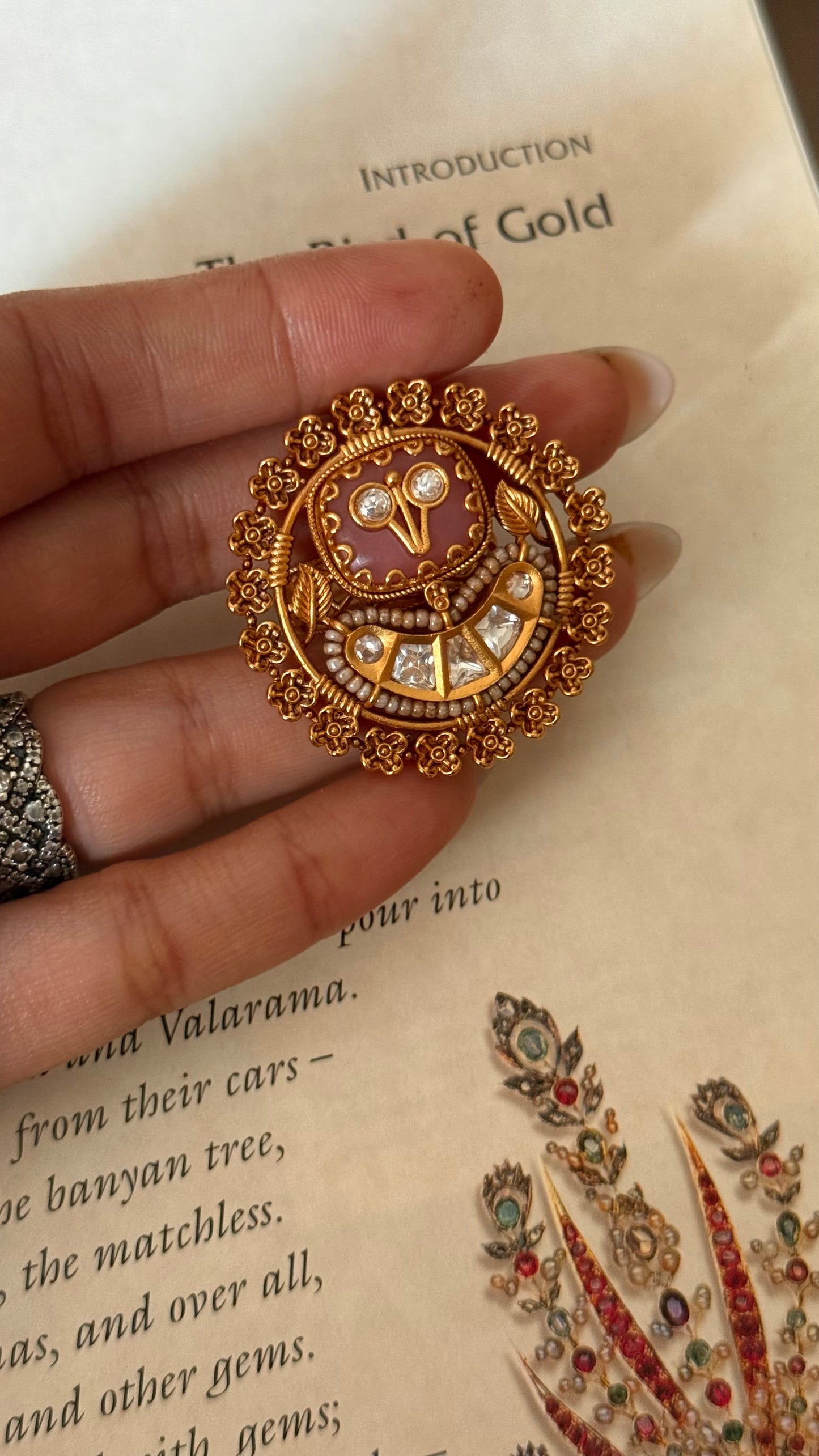 Rose quartz inlay Rajwada adjustable ring