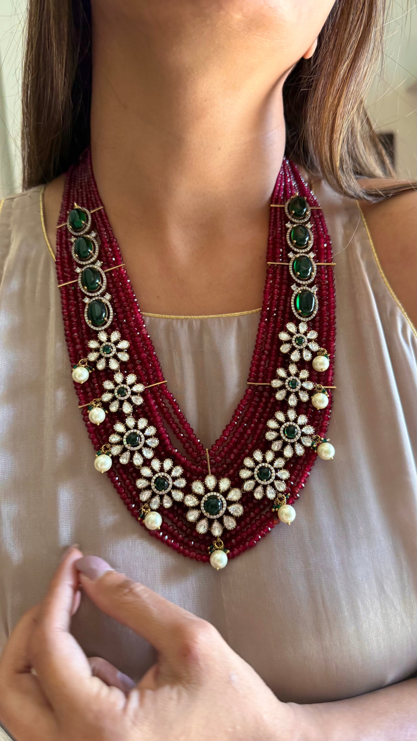 Vrishti Emerald & Ruby Moissanite Chandi polki necklace