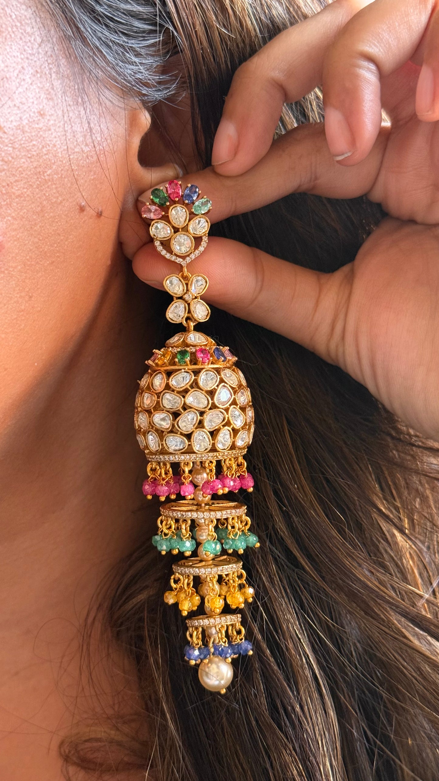Real Moissanite & Swarovski triple jhumki with hydro detailing