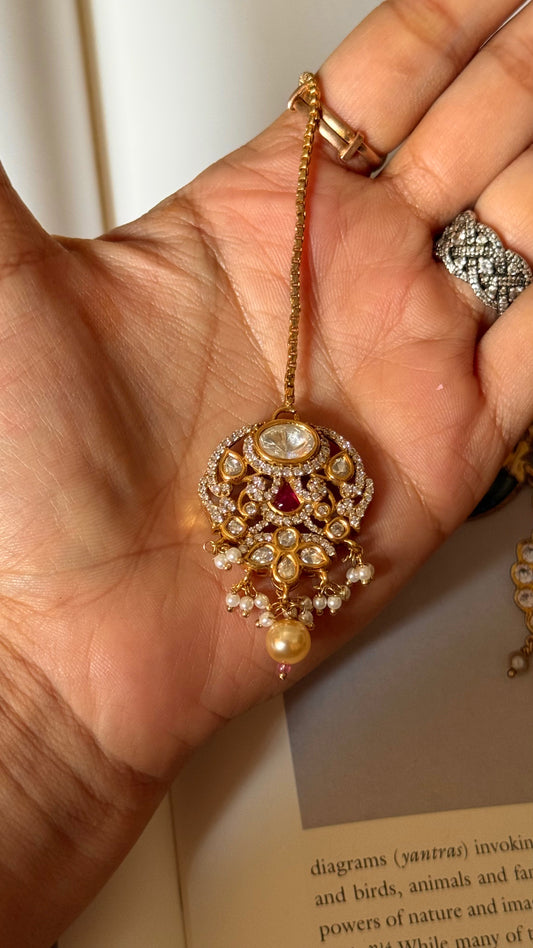 Moissanite polki mangtika with pearl and ruby detailing