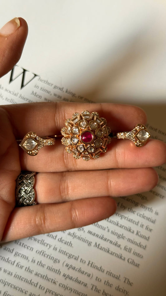 Rani pink doublet moissanite floral double finger adjustable ring