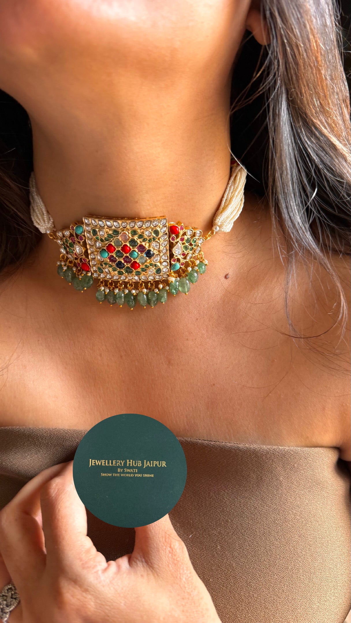 Paachi Kundan Jadaau multicoloured with mint drops  thread choker necklace
