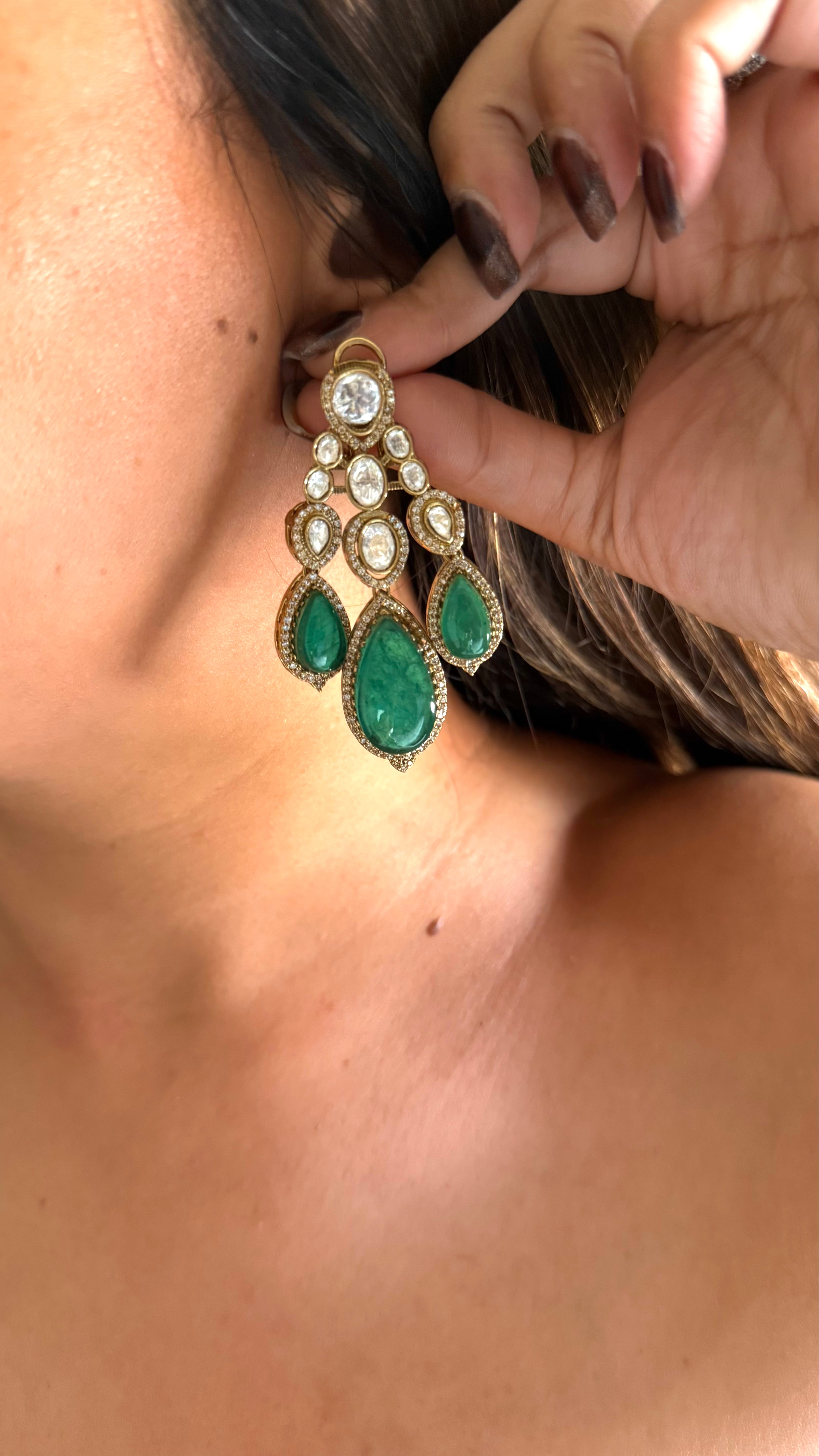 Emerald doublet leaf & moissanite set