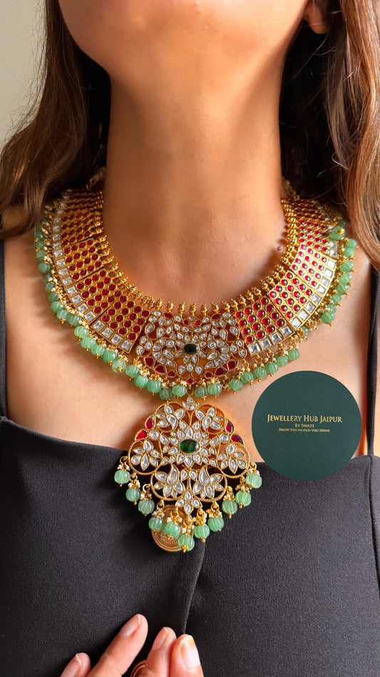 Real kemp Rani pink & emerald rajwada paachi with mint drop collar set