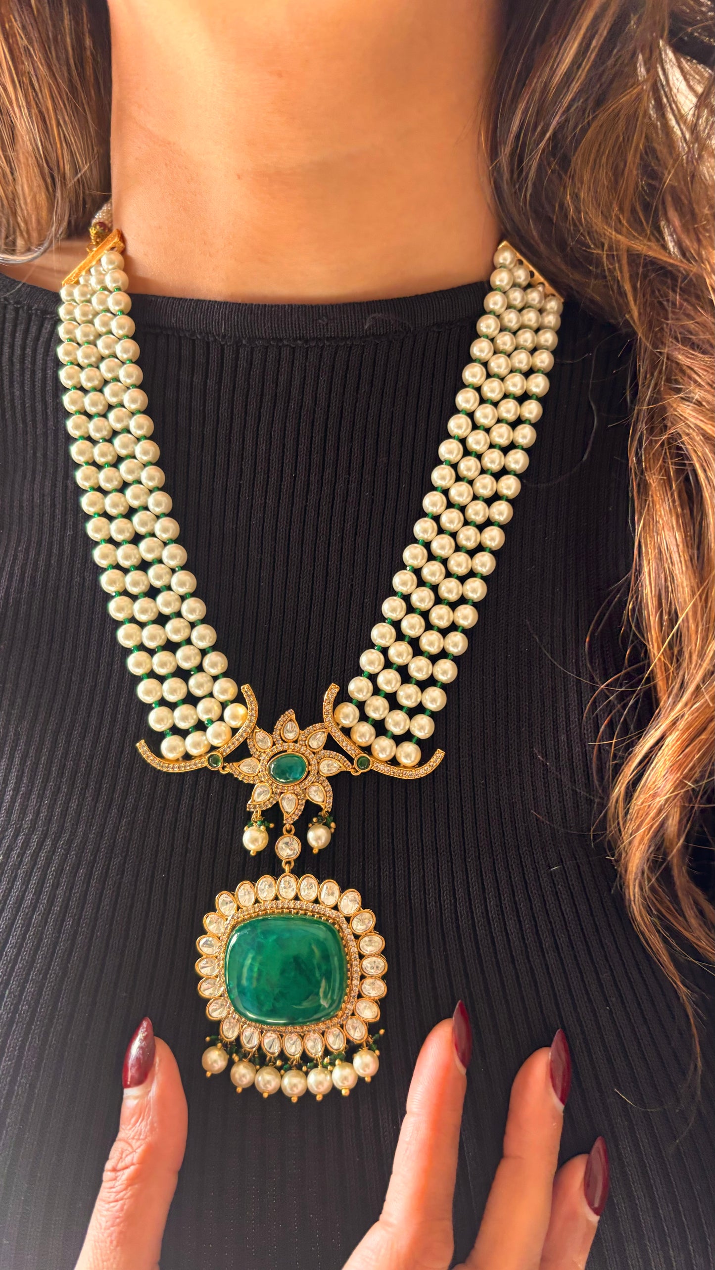Designer pearl & emerald Moissanite necklace