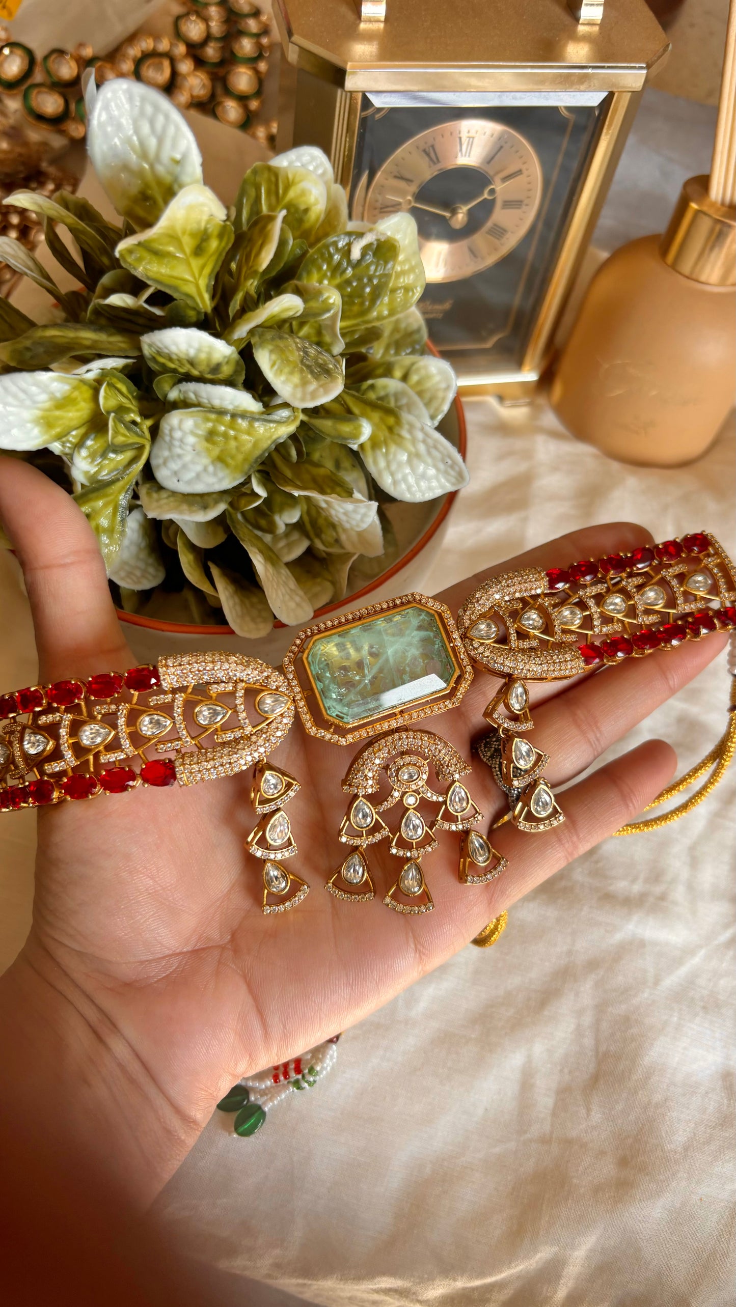 Noor Mint ruby designer polki choker necklace with earrings