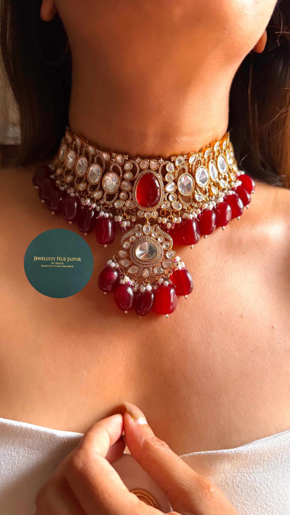 Ruby doublet polki with ruby drops choker set