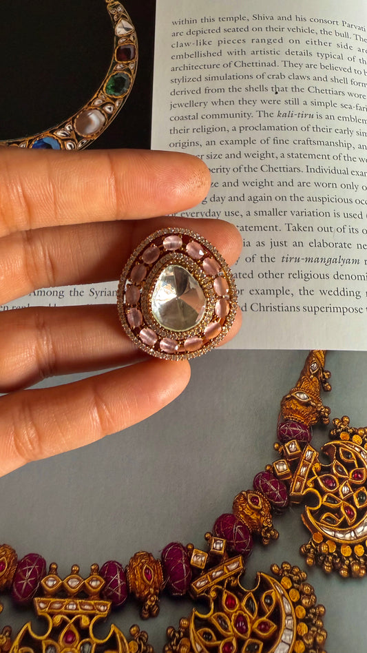 Rose quartz moissanite polki adjustable ring