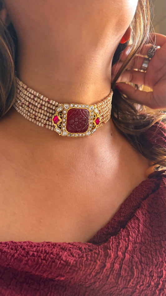 Carving stone Ruby choker necklace with paachi detailing & basra pearl