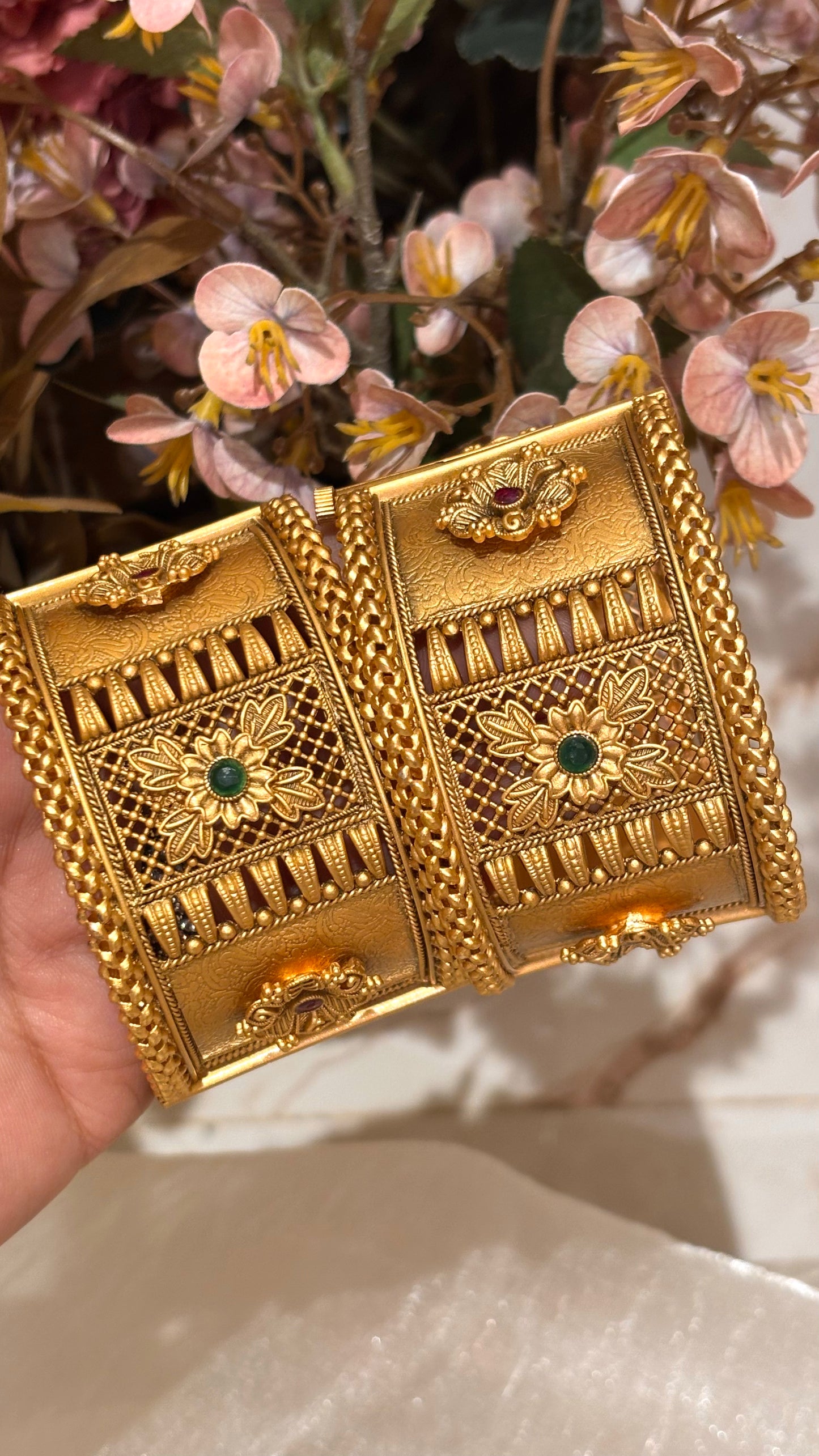 Matte gold floral nakshee wide bangles