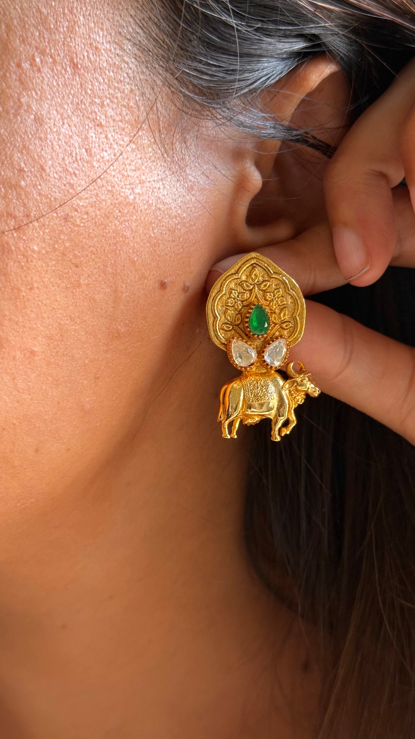 Nandi moissanite & emerald temple studs