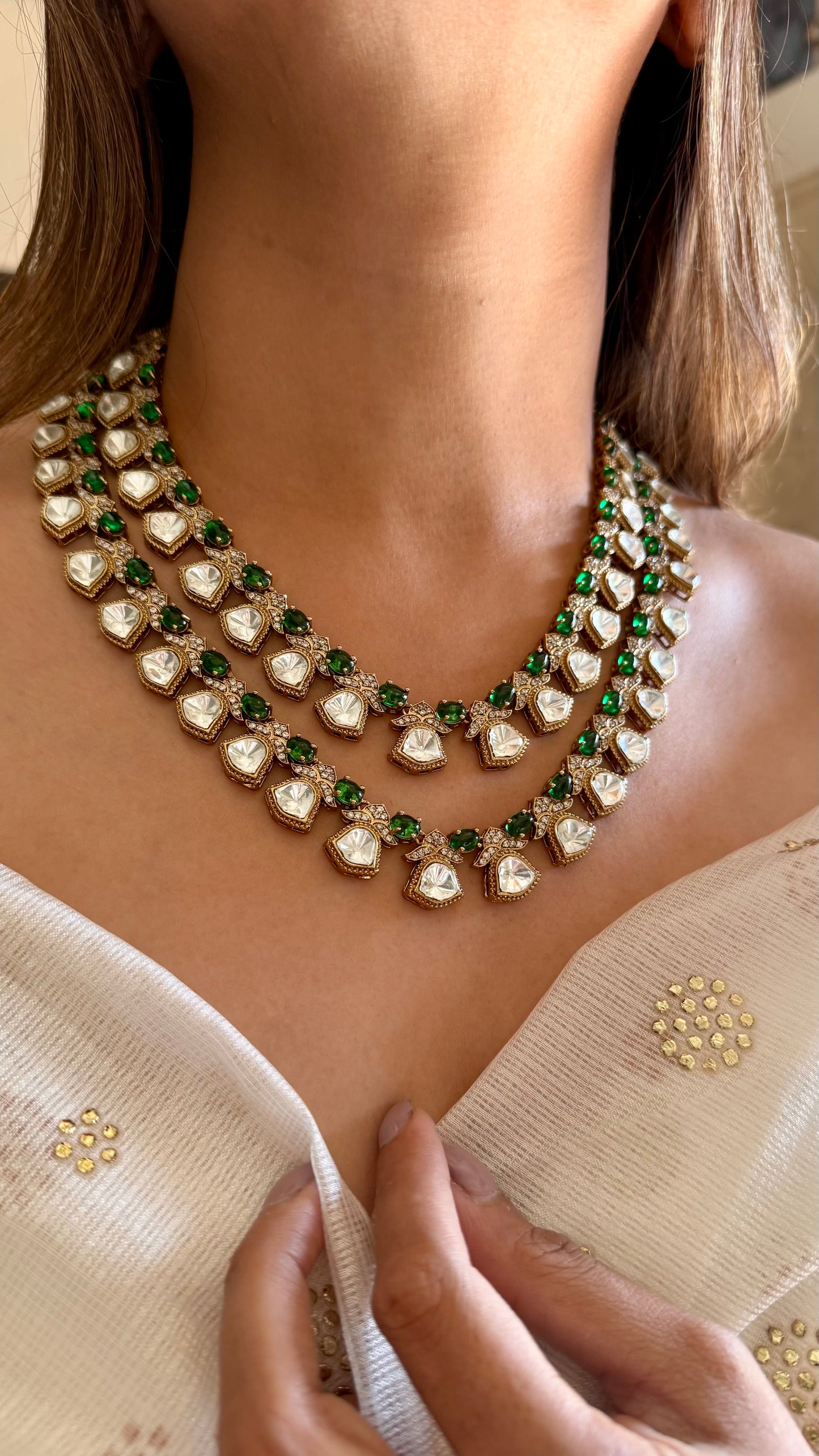 Emerald dual layered moissanite necklace