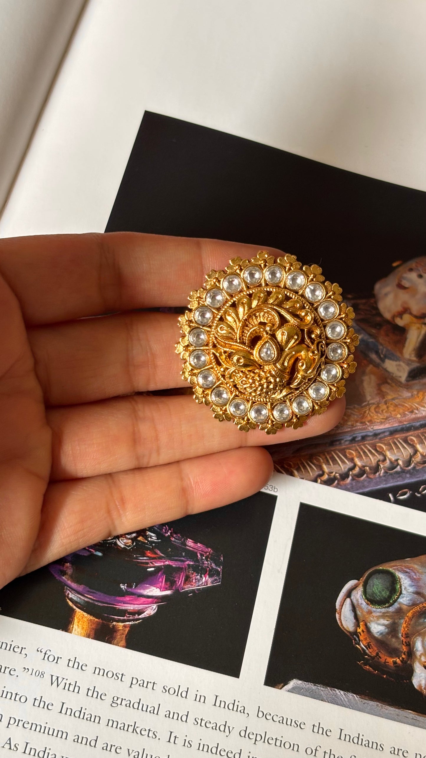 Peacock designer gold rajwada white polki ring