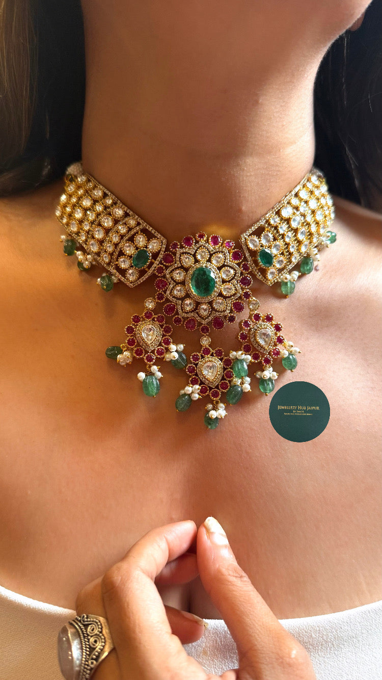Emerald doublet & Rani pink floral moissanite choker set