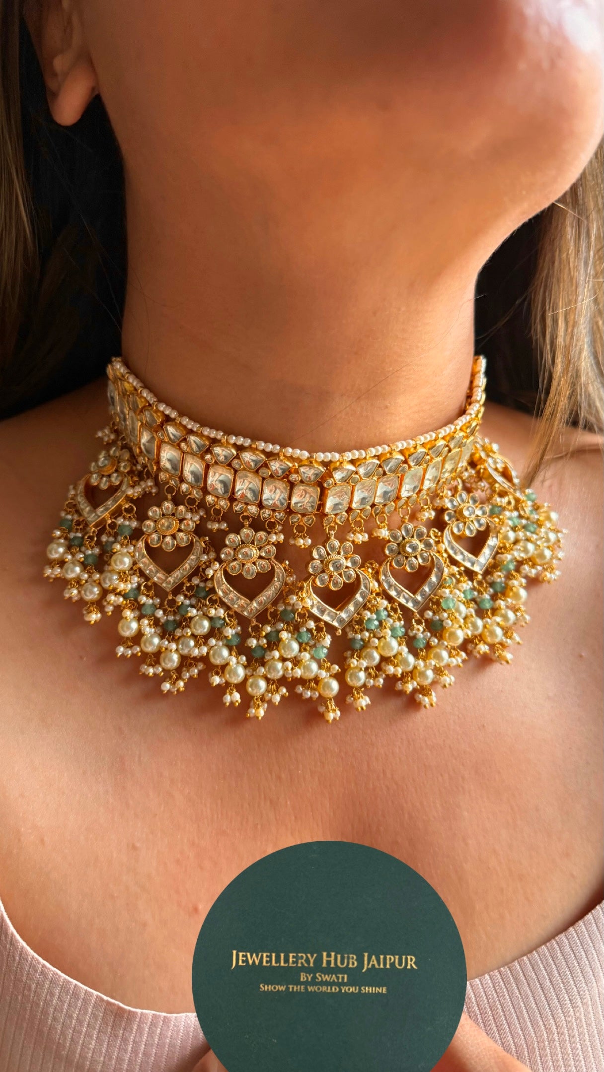 Handmade Paachi Kundan jadau with pearl detailing choker necklace