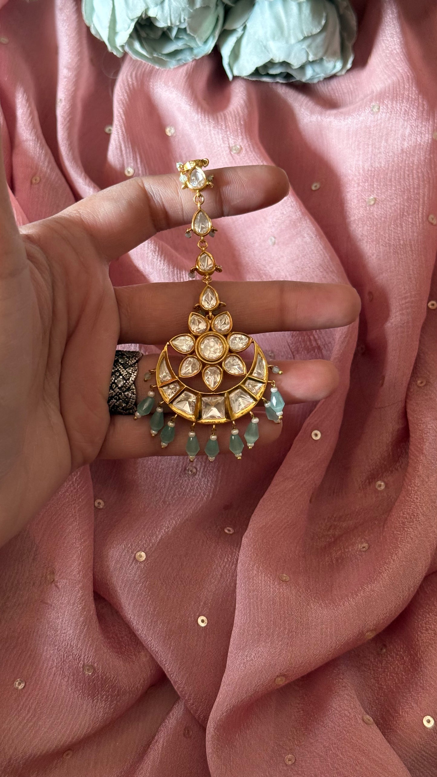 Chandbali maangtika with mint drops