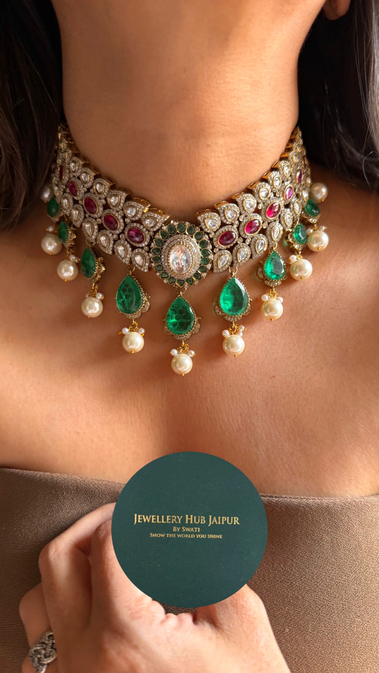 Emerald & Rani pink ruby with pearl detailing choker Necklace
