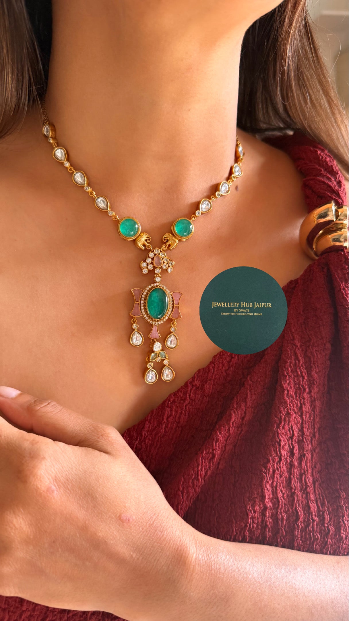 Emerald & ruby minimal pendant set