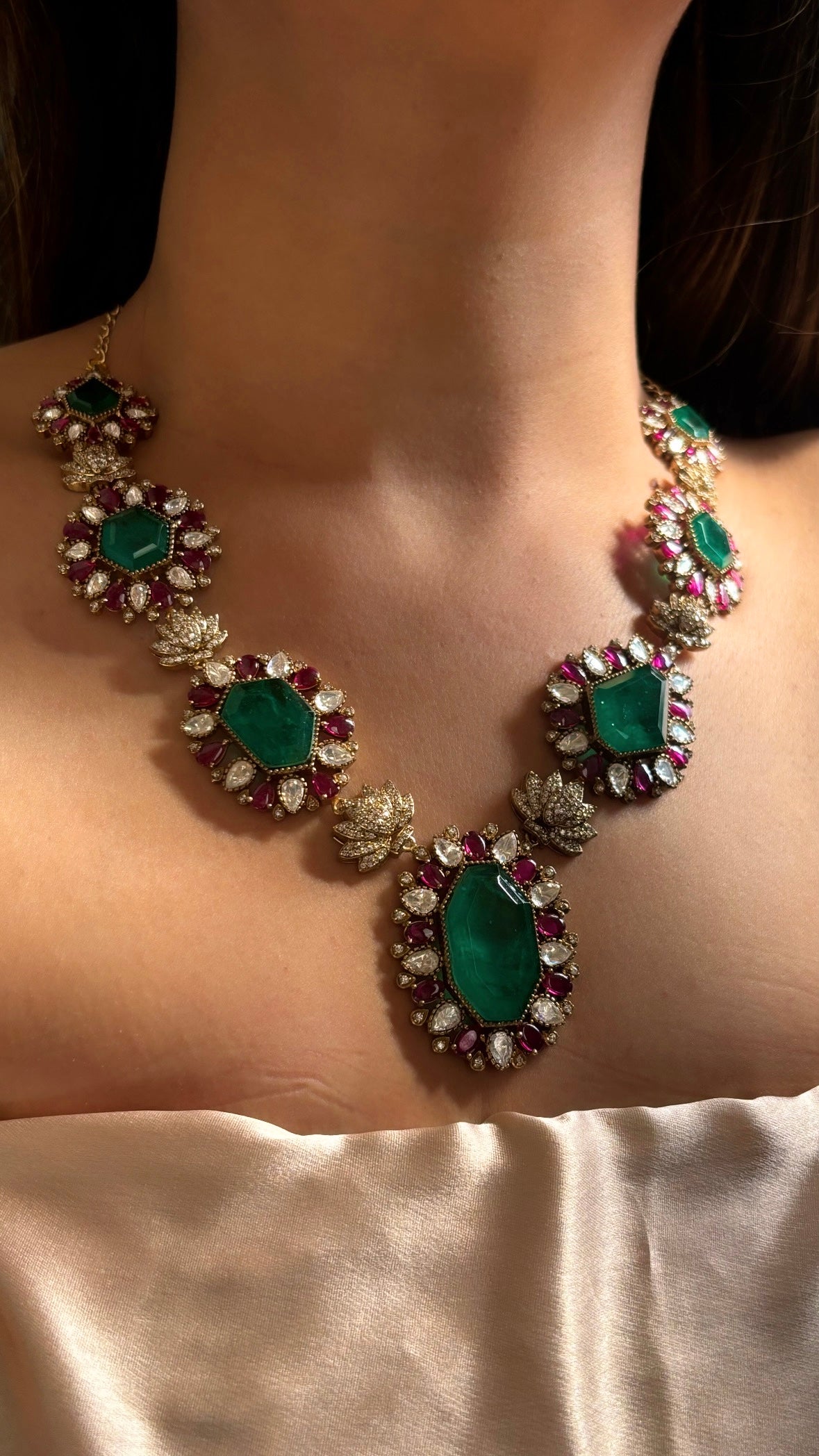 Bridal Asia inspired Ruby & Emerald designer cocktail necklace